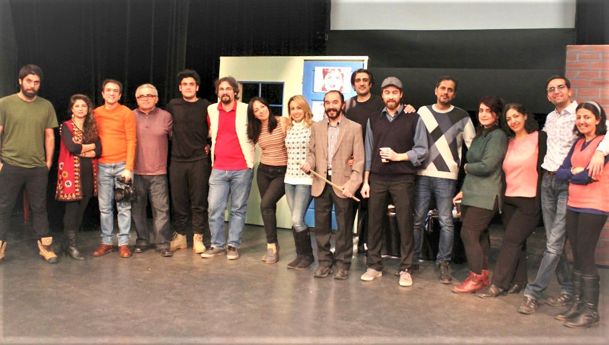 Photograph shows Abbas Mehrabian among the theatre personnel of the Persian play Facts About Leila Daughter of Idris.